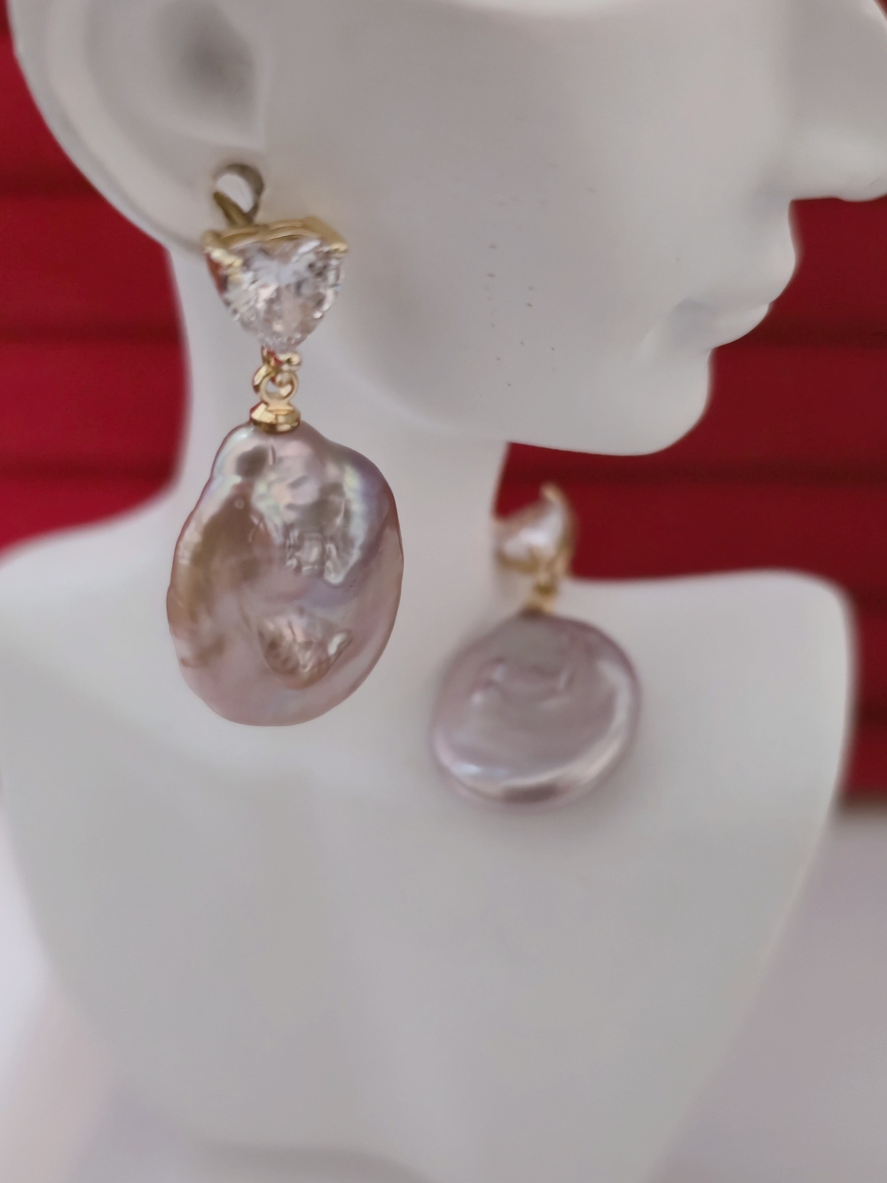 Gold Drop Baroque Pearl Earrings with Heart Crystal CZ Accent - Women Jewelry